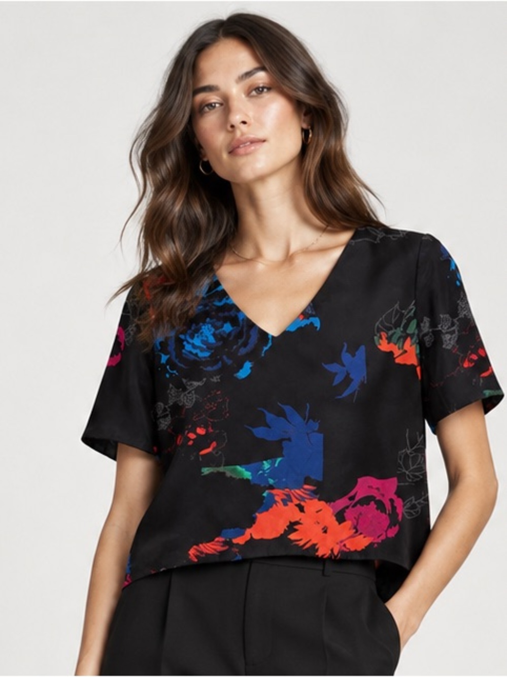 Babaton Dark Floral Cropped Blouse XXS | Silky Boxy Top Minimalist Chic